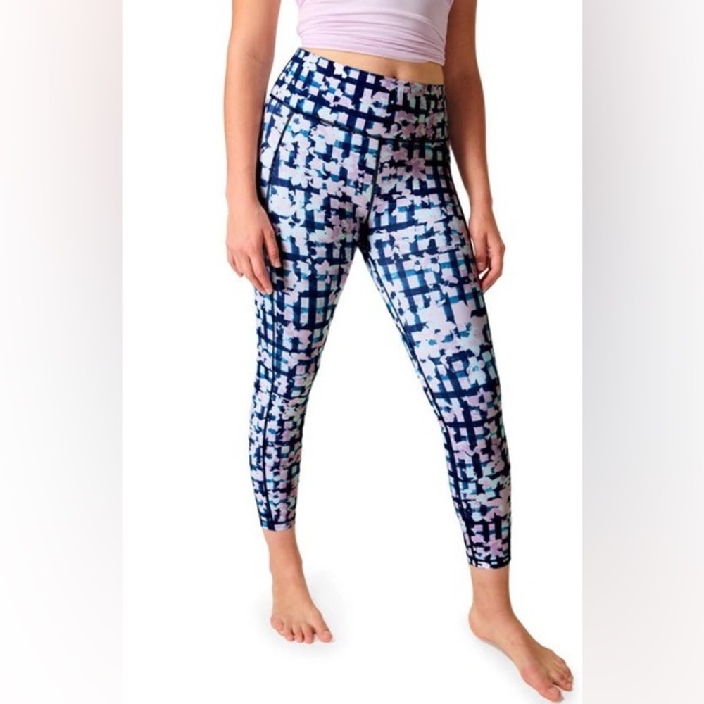 Sweaty Betty Super Sculpt 7/8 Workout Leggings in Flower Check Print Pockets 4 6